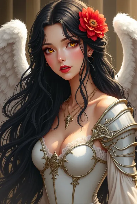   Beautiful woman from the Victorian era with long black hair,   with bright red lips  ,   wearing white armor with angel wings  ,   long hair,   High resolution  ,  epic illustration  , ((  with a medieval setting in the background  )), She wears a beauti...