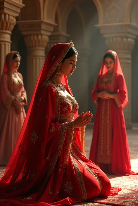 A beautiful white Muslim princess of the 19th century in a red belly dancing dress is praying in the mosque when two beautiful maids are next to them. 