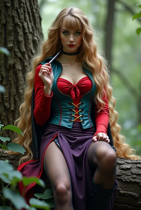 rapunzel,  cosplay , 30 years old, a three-dimensional photo ,  on a fallen tree ,  sits leaning against a tree, curly ,  blonde , bangs, very long hair hangs forward ,  big blue eyes ,  ulybka,  aggressive makeup, big, huge elastic bust, pear figure ,  na...