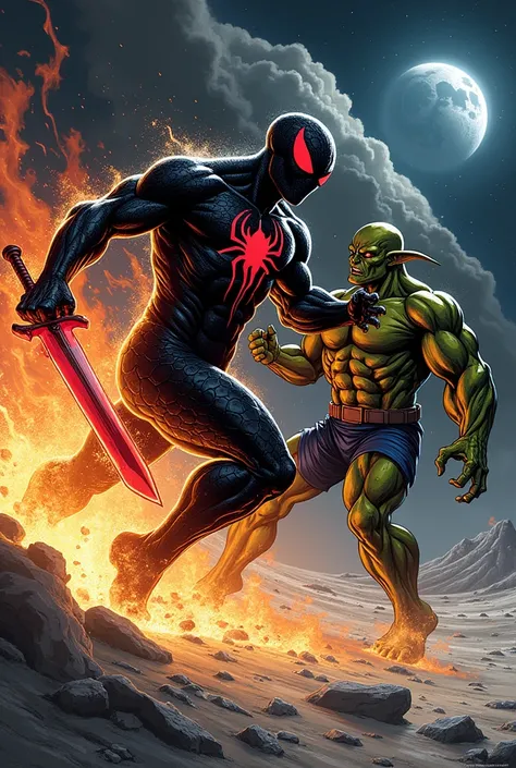 créé moi une image style bandes dessinées américaines de Johnny storm recouvert totalement dun symbiote noir avec un symbole carmin sur sa poitrine et brandissant une épée symbiotique écarlate entrain combattre 
un Skrull qui aurait la peau vert et des mus...