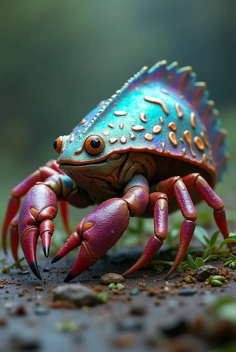  Imagine a fantastic creature that has the body of a crab with iridescent shells of changing colors,  like a chameleon ,  capable of altering its tone depending on the environment . His legs,  instead of being stiff ,  are flexible and end up in claws with...