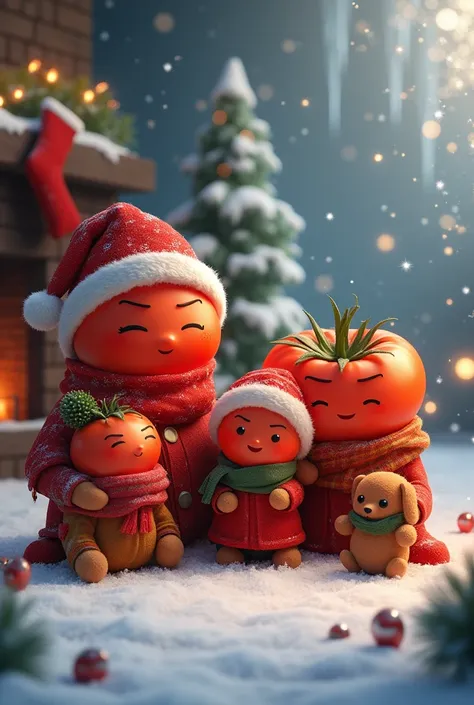 Tomato fammily 1 babe 1 daugther 1 son 1 dad 1 mother 1 dog Christmas snow