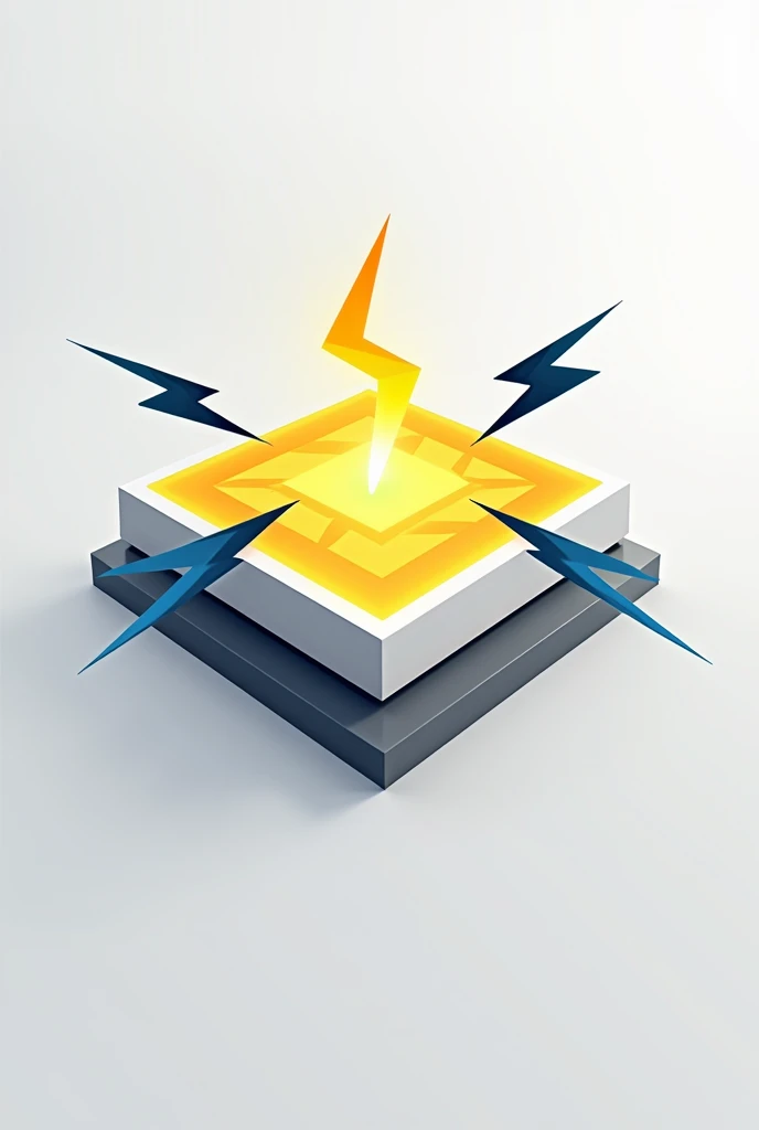 I want a logo of a piezoelectric tile with two lightening strikes emerging from it. tile should be of white and yellow combination and lightening should be of dark blue color