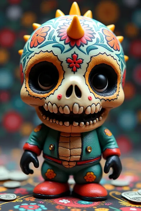  Art toy of a cute sugar skull from Day of the Dead ,  using a cycling helmet in the shape of a dinosaur skull, Synthetic and rounded shapes  , money, Funky punky  , molote, , puk, Chamuko  , Joe ledbetter,  Frank Mystery , Wearing tennis sneakers 