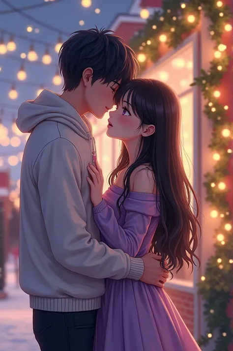 Cute couple. Purple eyes. Girl dark brown long hair and small. Boy short black hair and tall. On a Christmas date. Matching outfits in white and purple. Hug and kiss or hold hands.