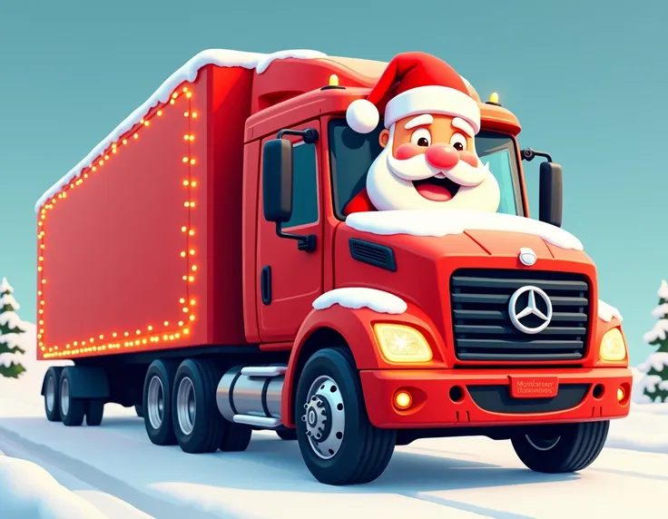 A bright and vibrant illustration of a festive red truck styled for Christmas, featuring Santa Claus driving it. The truck has sleek, modern cartoon-like details with glowing string lights along its edges, making it shine in a cheerful holiday manner. The ...