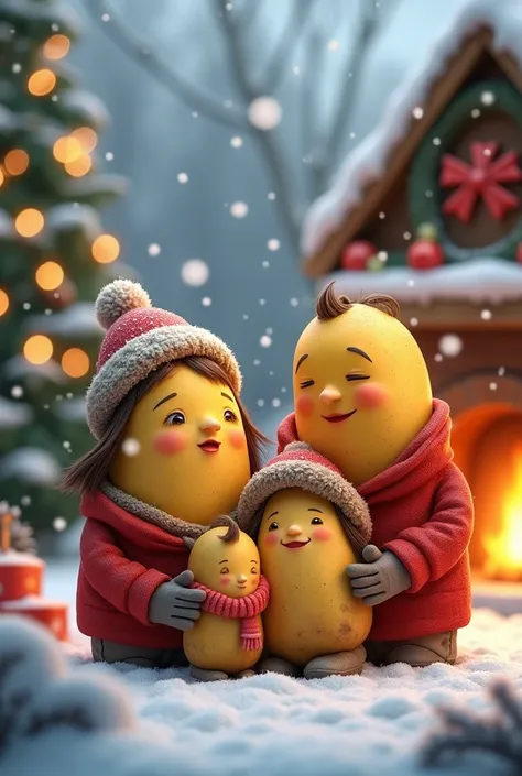 Potatoes fammily 1 baby 1 girl 1 boy 1 dad 1 mother Christmas snow