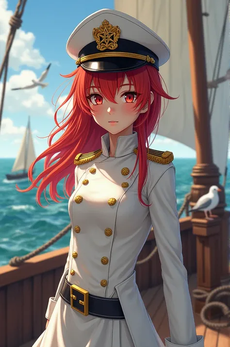 Girl dressed as a captain with a red-haired white captains hat and red eyes