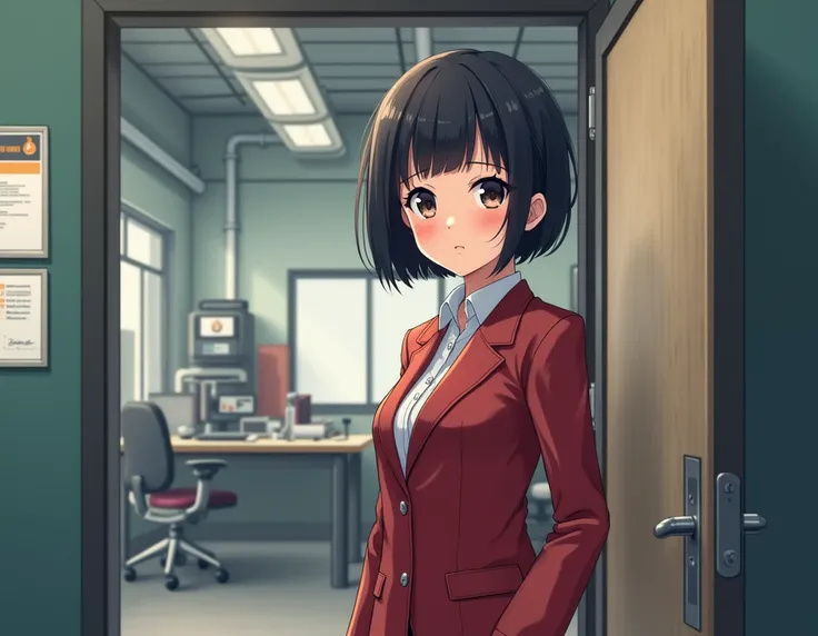  An anime-style 2D illustration , Like a cover .  A young woman with short dark hair , slightly blushed.  She has big dark eyes ,  with a shy and warm expression , Sus mejillas están slightly blusheds,  and has a somewhat embarrassed but friendly look .  S...