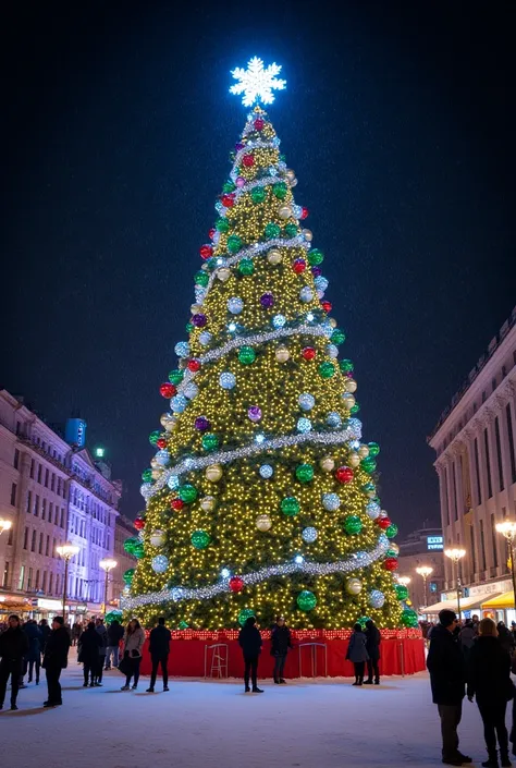 The worlds largest Christmas tree, beautifully decorated with colorful lights and ornaments, set in a bustling city square during nighttime, realistic and vibrant atmosphere, snow gently falling around, people admiring the tree.