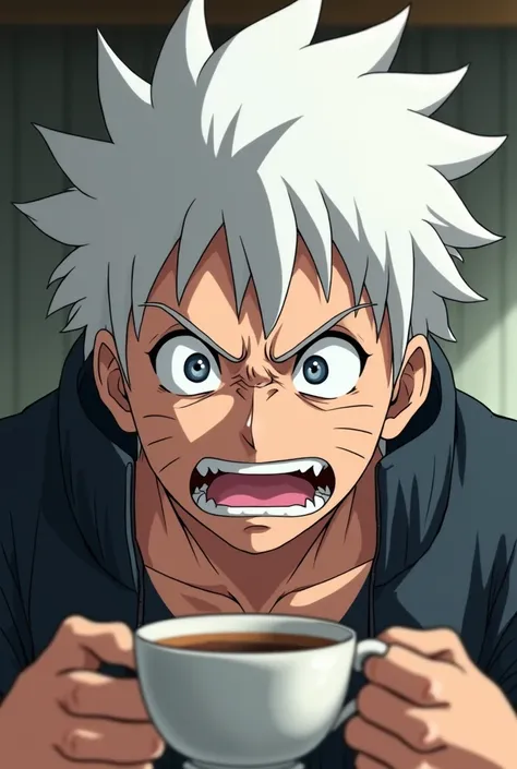 White-haired guy (twenty years old) from the anime “Naruto” choked on tea, a grimace of surprise froze on his face 