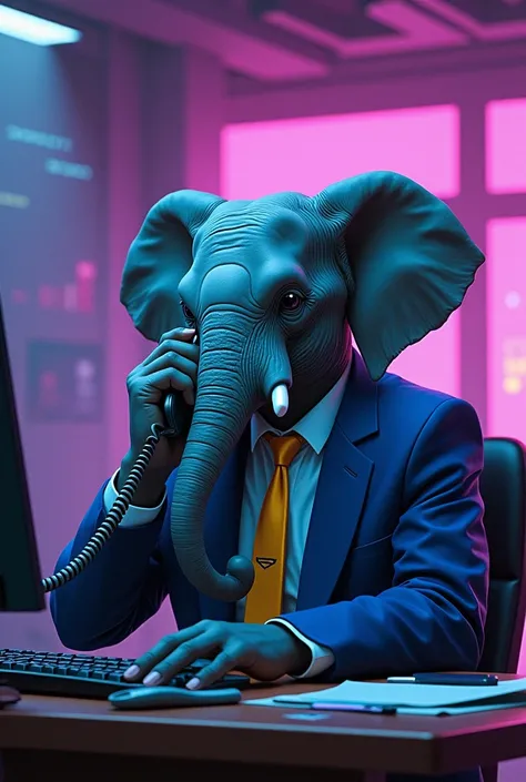  a painting of an elephant ,  in a blue suit and a gold tie ,  working in the office answering calls Down, cyberpunk 2077 style, purple jacket ,  kinematic lighting,  ultra detailed 