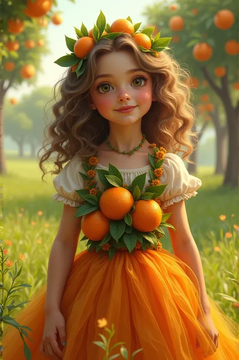  A girl with curly hair and light brown color,  wearing a dress made of fresh oranges ,  green leaves and vibrant details .  She is standing in a sunny field , surrounded by orange trees ,  with a warm and bright environment .