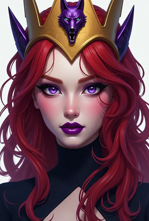 Madelyne Pryor from The X-Men. Madelyne has her hair a little messy but pretty, having purple eyes, purple lipstick on her lips. With a brooch of a purple wolf in her hair, and a diame similar to a golden crown above her head.