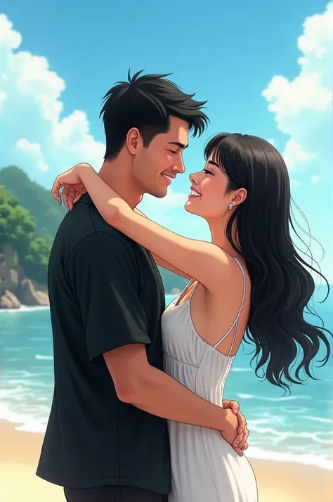  portrait of an affectionate couple ,  male mamakai black shirt ,  woman wearing white dress with black hair, beach vacation , Realistis, 4K