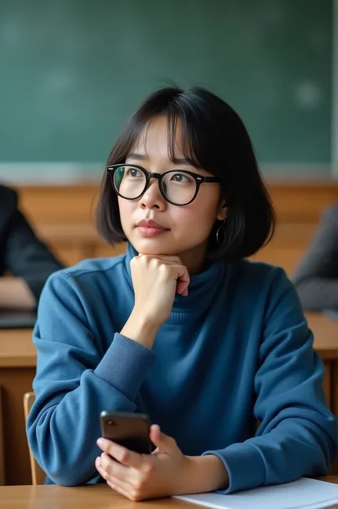  Forty year old woman, Latin features,  wedding style hair around the chin, without bangs, Chinese eyes, Wearing glasses,  white skin ,  blue turtleneck sweatshirt , Sitting in class , Thinking ñ , with a cell phone in hand