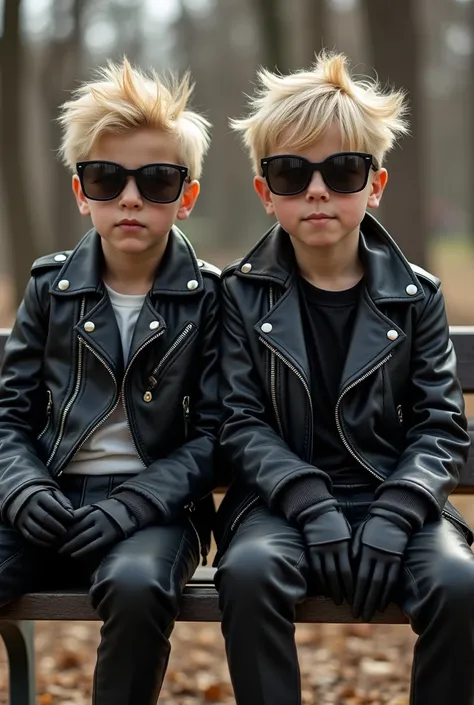  There are two  boys wearing sunglasses and a leather jacket, leather pants, Leather gloves,  blonde hair , gestylt, Profile recording, cool looking , Smoking a cigarette, Sitting on park bench