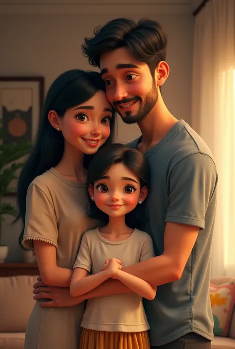 Create an image of two parents, one with black hair and a  girl