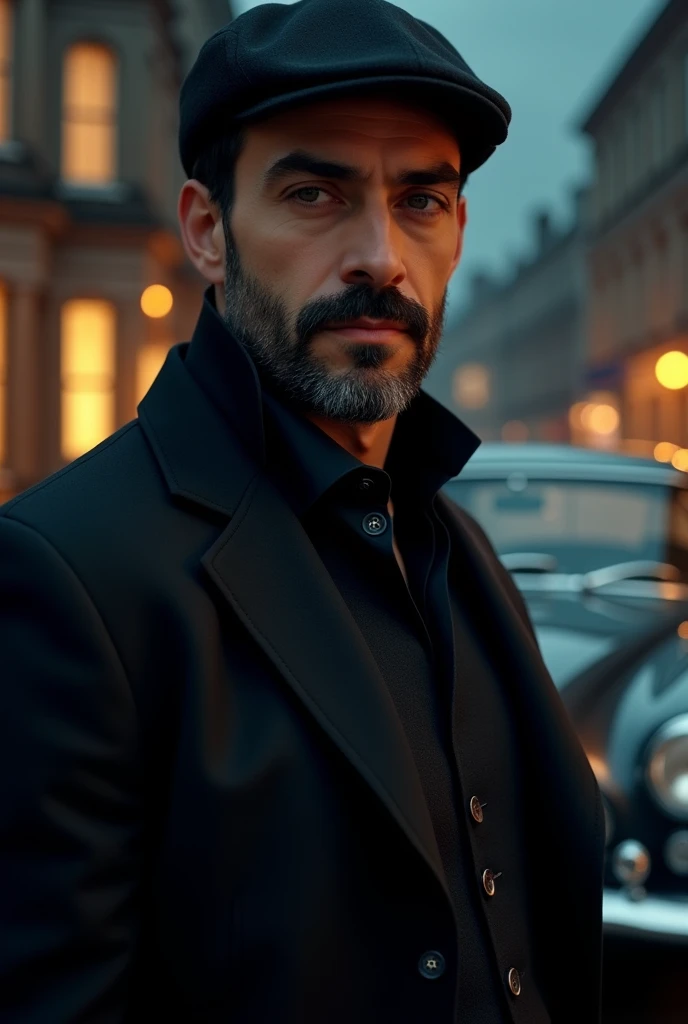 Normal build male wearing black Beanie with black suit with black and gray Beard and mustache standing next to a 1966 Astin Martin with England as a background at night close up 