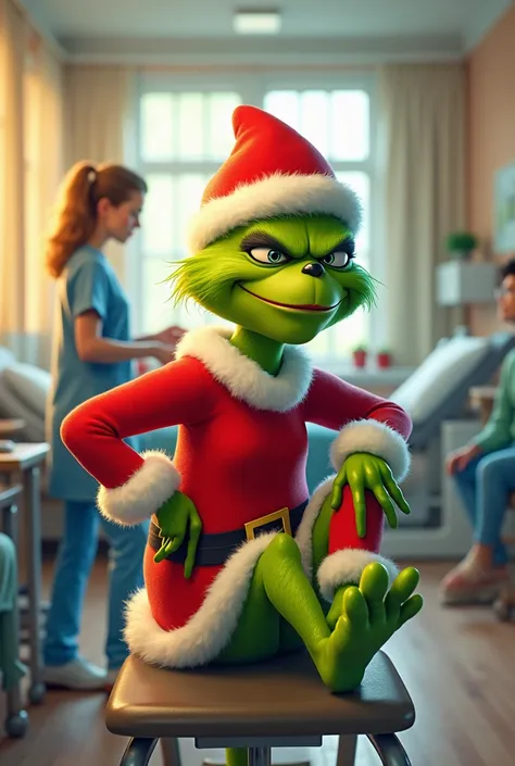 Al Grinch dressed as Santa Claus with knee pain in physical therapy and rehabilitation session 