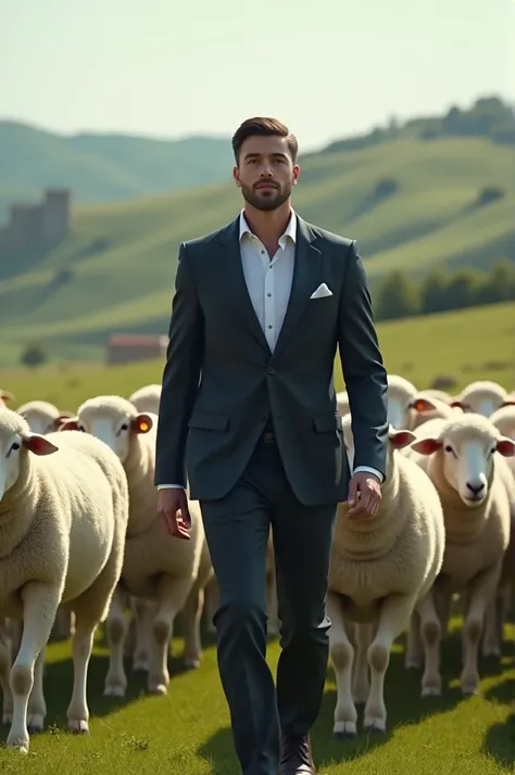 A modern and executive shepherd without a beard with sheep 