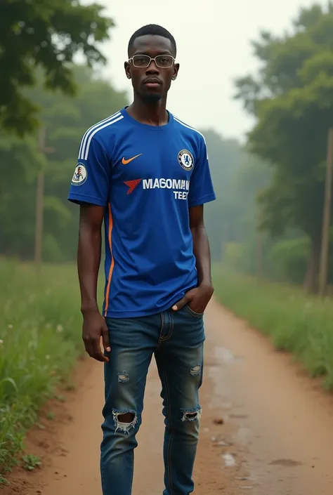 
 A young African man with cropped hair by the side of the lane with a Chelsea FC jersey, glasses, jeans pants , With sneakers  