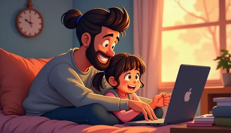  Father with big black hair tied up , beard media, sweatshirt,  jeans, together with his little daughter , playing Roblox together ,  CarToon style characters