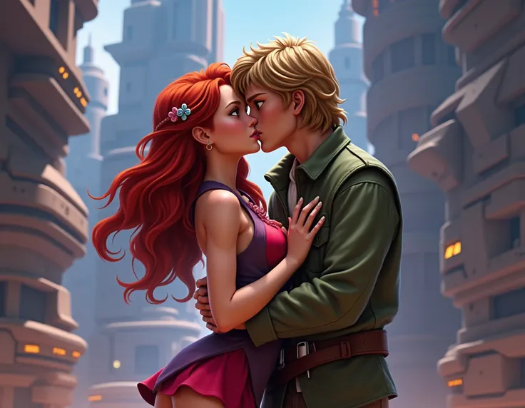 Passionate embrace, Luke Skywalker with sandy blonde hair and blue eyes in a green jacket, Mara Jade adorned with long red hair and green eyes, wearing a red/violet short dress showcasing beautiful legs, romantic kiss on the lips, set against the iconic ba...