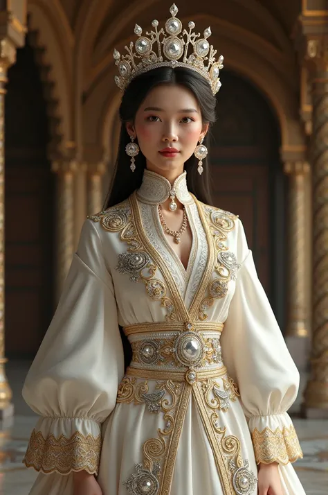 The Ottoman princesss attire is a long white kaftan made of silk fabric with golden and silver embroidery, featuring intricate arabesque and floral designs. The wide, ruffled sleeves, a waistband adorned with precious stones, and a tall, embellished collar...