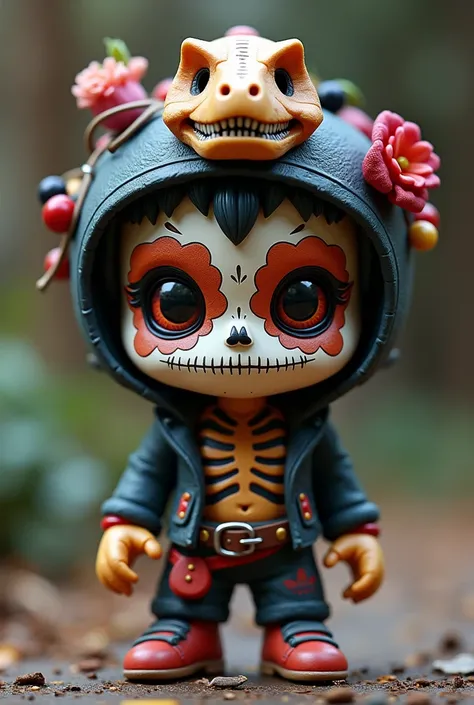  Art toy of a cute sugar skull from the Day of the Dead,  using a cycling helmet in the shape of a dinosaur skull, Synthetic and rounded shapes  , money, Funky punky  , molote, , puk, Chamuko  , Joe ledbetter,  Frank Mystery , wearing , gothic style, dark,...