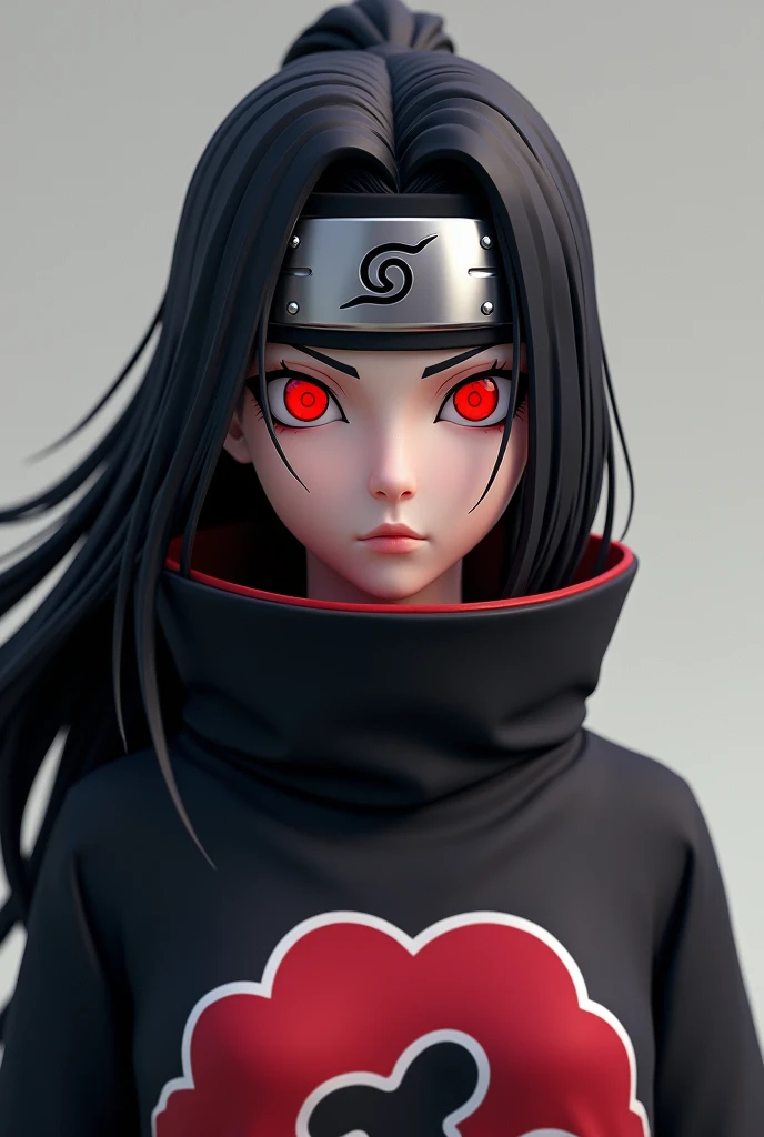 Naruto anime 3d girl black hair has red Sharingan eyes she wears Akatsuki clothes and Akatsuki headband 