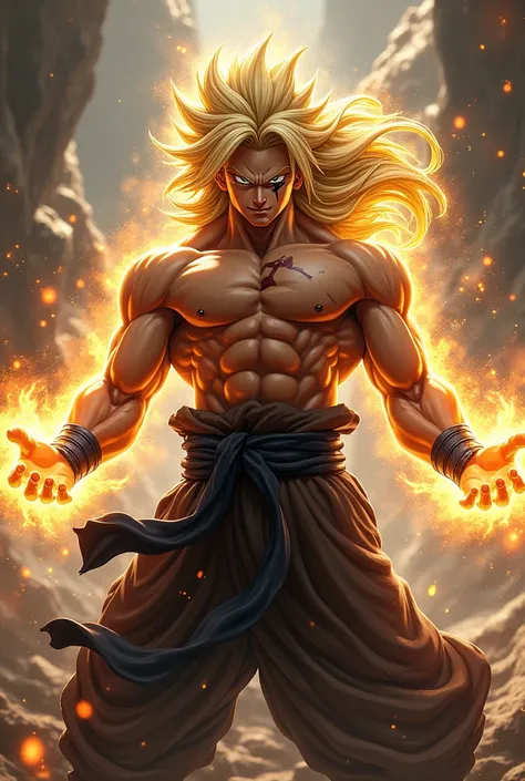 Create an image inspired by Dragon Balls super warriors.  With blond hair and monkey syrup . And a scar on the face . pele morena.  And a dark brown kimono and black belt.  It causes rays to come out of your hands and an aura of energy around you