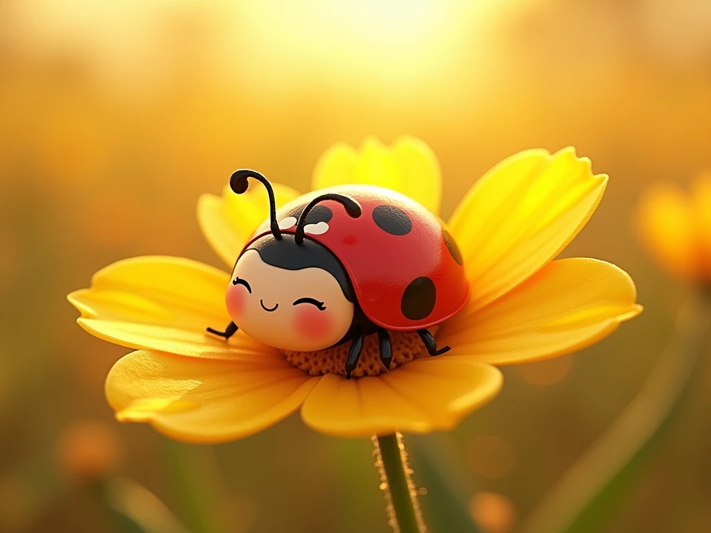 cartoon style: A small, adorable ladybug (Bella) sitting on a bright yellow flower petal, stretching her tiny red wings with black dots as the warm light of twilight bathes the meadow in gold.