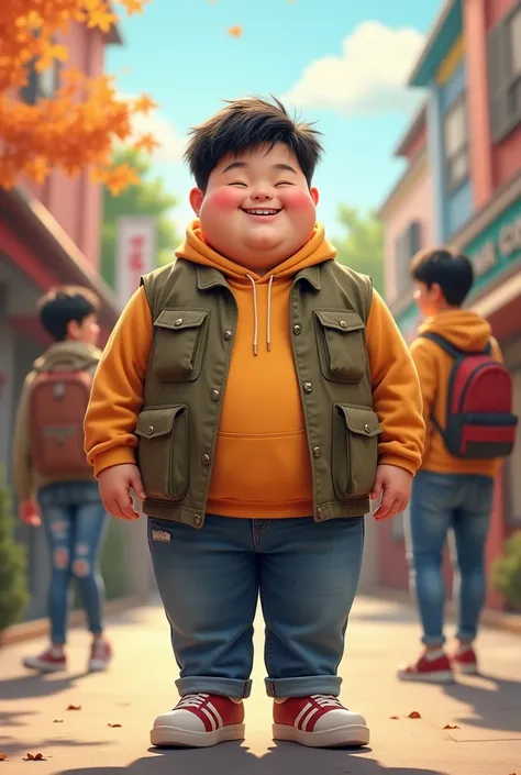 (cute fat east asian highschool boy), chub figure, cheerful expression, wearing casual school attire, vibrant colors, warm atmosphere, trendy accessories, standing in a lively school environment, friends in the background, dynamic energy, youthful vibe, ul...