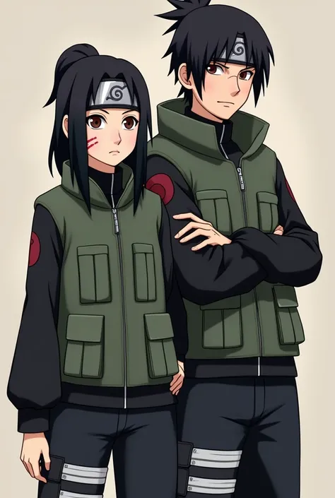 an oc from the naruto universe, an uchiha with sharingan eyes, and ninja clothes from the uchiha clan, she has hair down to her shoulders, black hair, she is a kunoichi and by your side is your sensei iruka umino,He has dark brown hair, usually tied in a s...