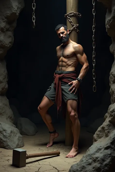 A hammer in a cave ,  near a chained man to a pole