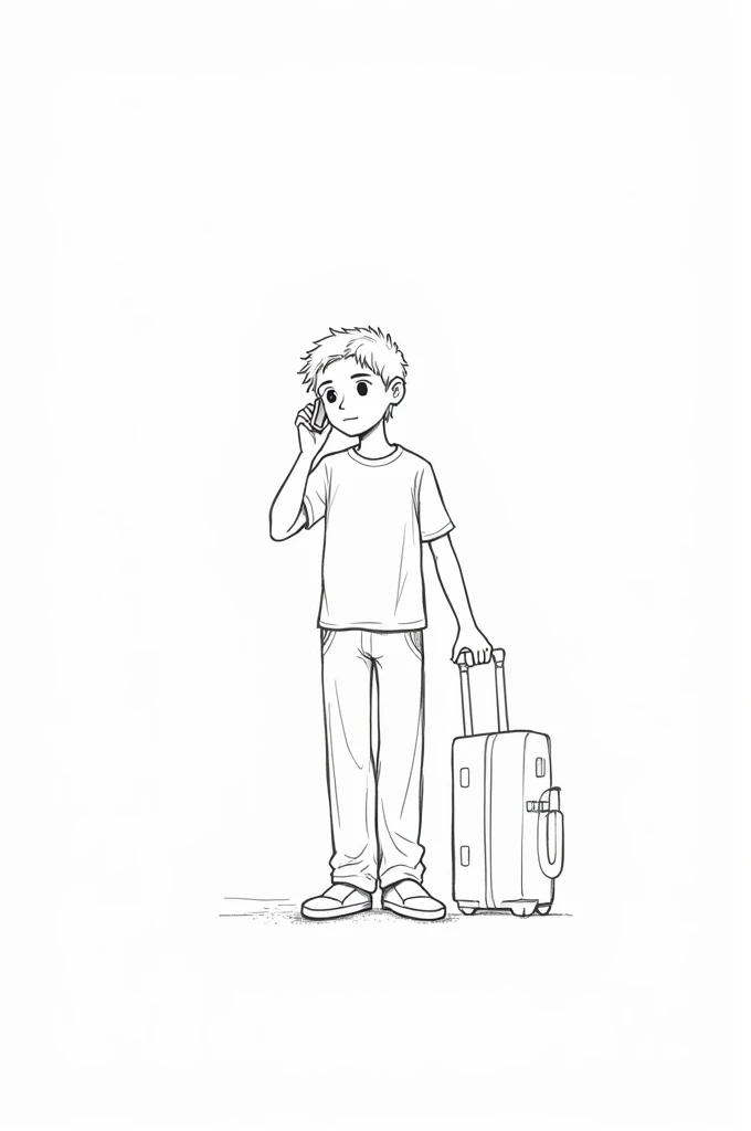 A black and white drawing of a boy getting his things ready to go on a trip while making a phone call 