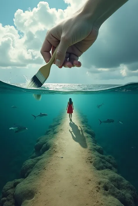 Surrealism.
A scene in the middle of the ocean, Ahead is a huge hand with a brush, the hand draws a brush road on top of the water creating the illusion of a continuation of the path. In the center is a woman in a red dress, walking along this road, which ...