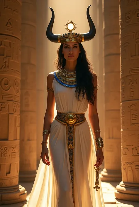 A hyper-realistic, ultra-detailed photograph of the Egyptian goddess Isis, depicted as a regal and divine figure. She stands gracefully in an ancient temple with intricate hieroglyphics carved into tall stone columns. Isis is adorned with a golden headdres...