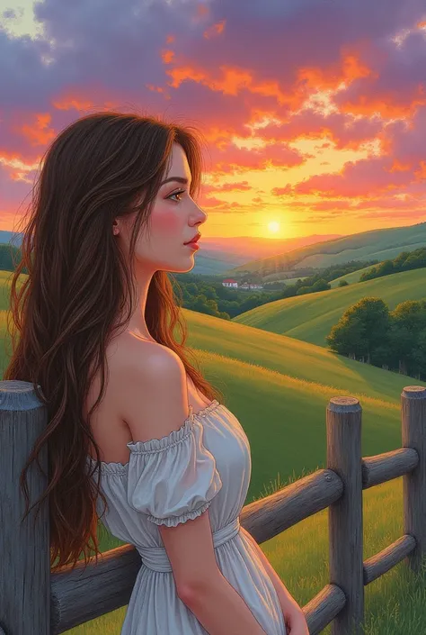 Colorful pencil Drawing art of a A woman with long brown hair leaning her back against a wooden fence on a beautiful farm watching a spectacular sunset on the horizon