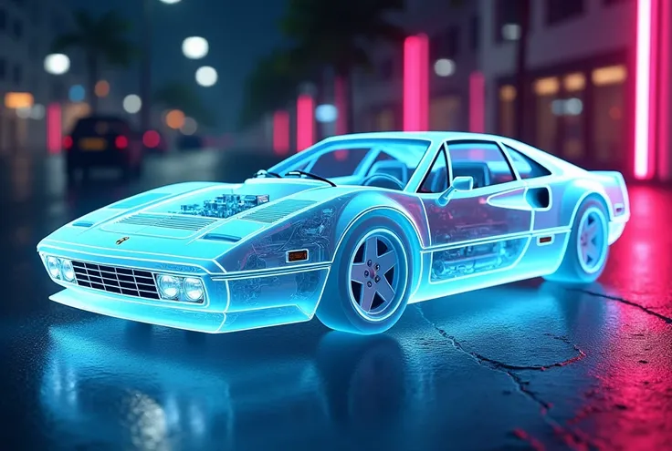 image of a white Ferrari 288GTO completely transparent translucent, You can see the engine through its transparent skin, She is on a futuristic cyber street lit up with blue and pink neon.