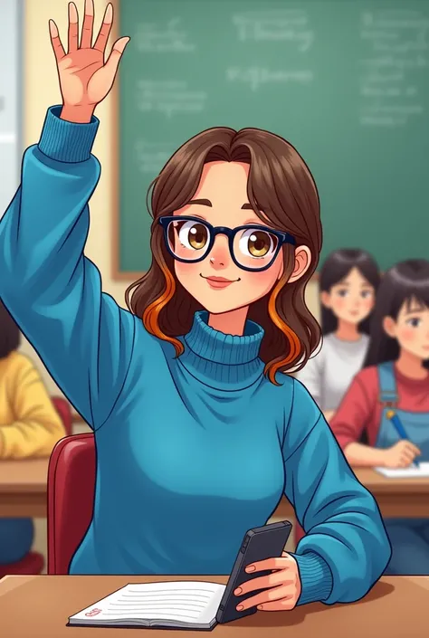 Cartoon of a 30-year-old woman , with Latin and Japanese features ,  dark brown eyes , thin lips, cleft chin, Wearing glasses,  wearing a blue turtleneck sweatshirt ,  with cell phone in her hand and writing , Sitting in class , raising the hand,  wedding ...