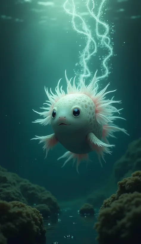 An underwater axolotl ,  surrounded by a mysterious aura