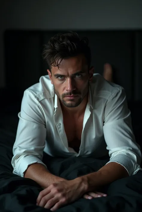 (photorealism:1.2), a muscular man, young, loose white shirt, sharp jawline, enigma, serious, messy hair, nighttime, dark gloomy bedroom, bed with black sheets, laying on bed.