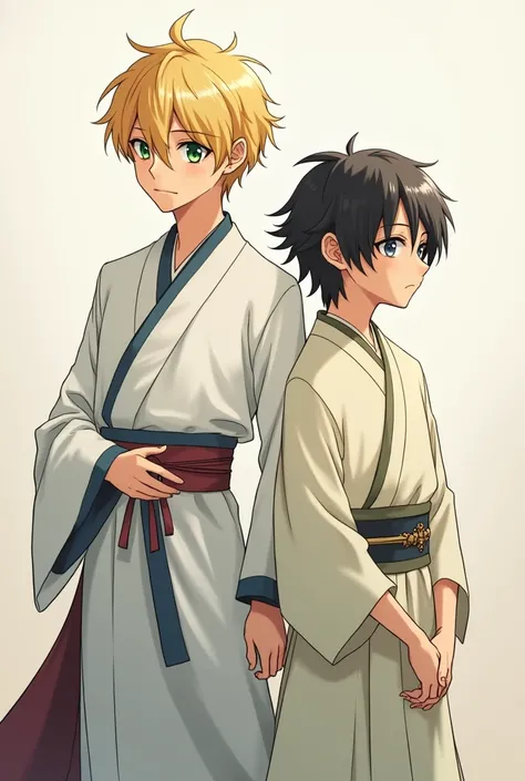  An image for a book ,  of a prince  (high, Blonde straight hair,  with emerald green eyes , United States ) Is Ash Lynch  (banana fish),  next to Eiji Okumura  (banana fish) ( black hair,  black deer eyes , Japanese)  wearing temple boys clothing. ( Simpl...