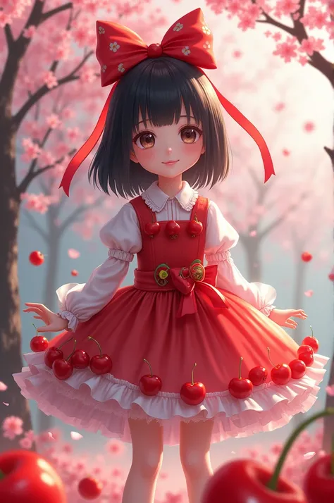  a girl with straight black hair ,  dressed in a costume made of bright cherries and small ribbons. She is in a field covered with cherry blossom trees .