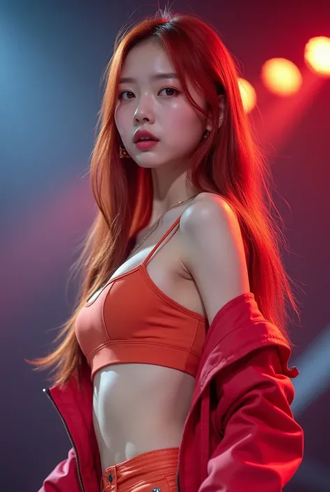 The photo is from her side, red straight long haired asian girl, brown eyes and big lips, big boobs and ass and narrow waist, light skin. She is an kpop idol, she is on stage. She is like 20 years old