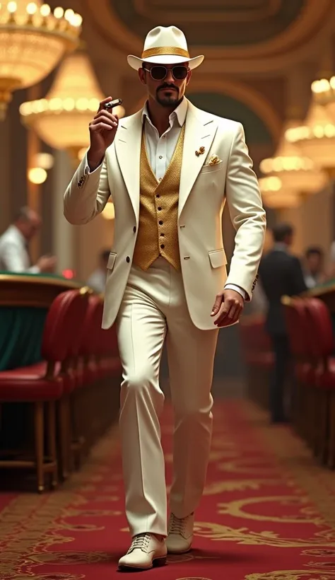 “A realistic, full-body depiction of Pedri as a suave mafia boss, walking through an opulent casino. He is dressed in a crisp white suit with gold accents, a matching fedora tilted slightly on his head, and a cigar in hand. The background features vibrant ...