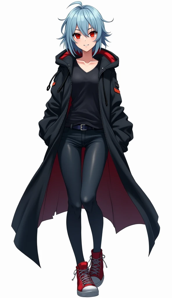 Teenage anime woman has messy light blue medium length hair and large and expressive reddish color and demon smile and with a black hood attached to a long torn black coat and dark V-neck t-shirt with dark-colored tight pants and red sneakers that stand ou...