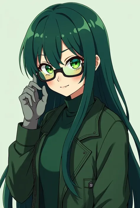 Make a Youngh Girl a bit grumpy,Ultra Magneta Long hair,Very Very Dark Deep Green turtleneck sweater,Green Coat,Gray Gloves,wearing One Eyed Green holographic glasses,Anime Style,Her Coat Zipped. No background